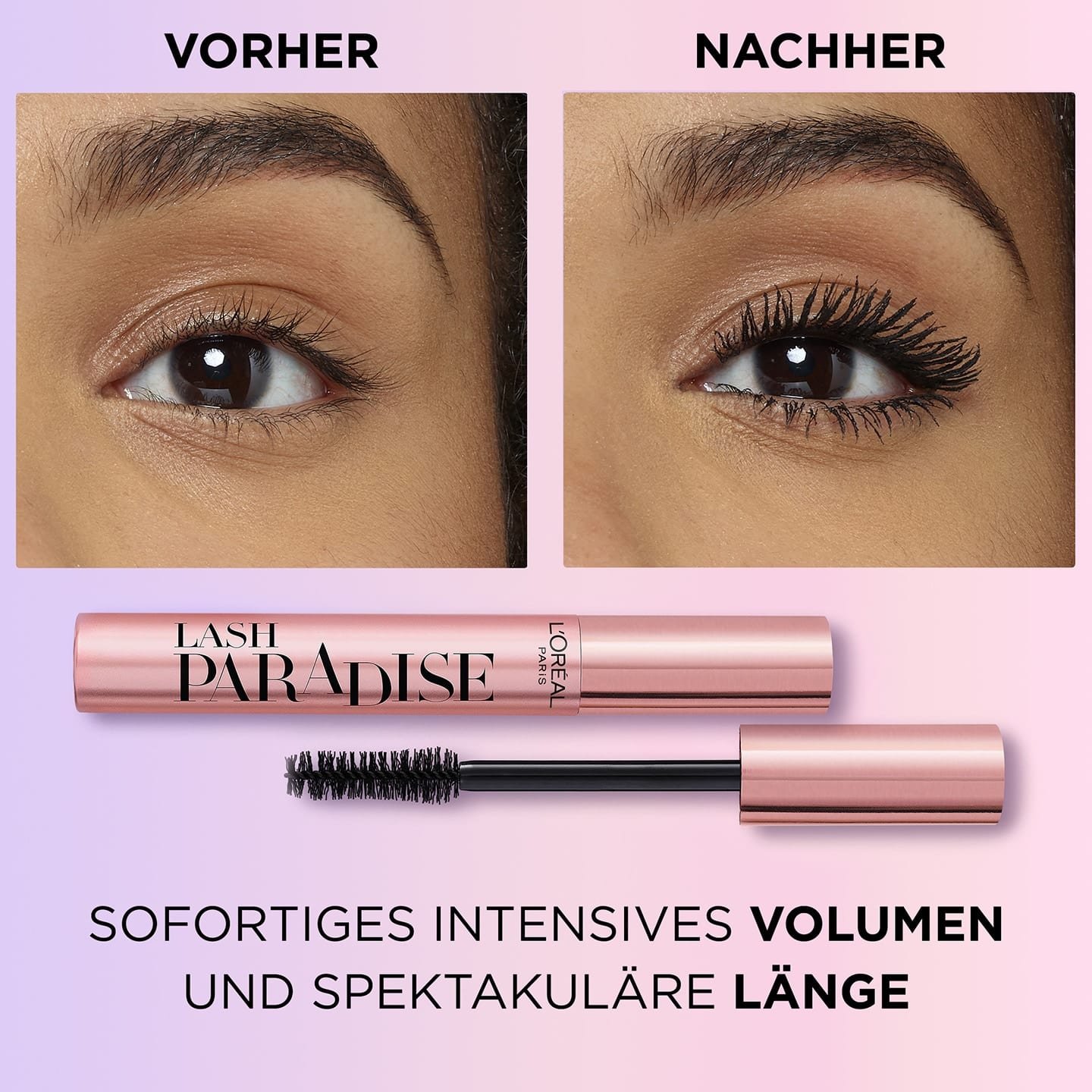 Augenbereich einer jungen Frau & geöffneter Mascara  - vorher / nachher Vergleich bei Anwendung